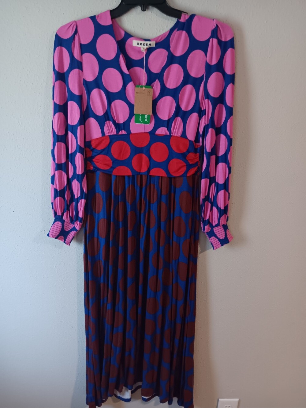 Boden Daphne Pink and Blue Polka Dot Long Sleeve Midi Jersey Knit Dress NWT